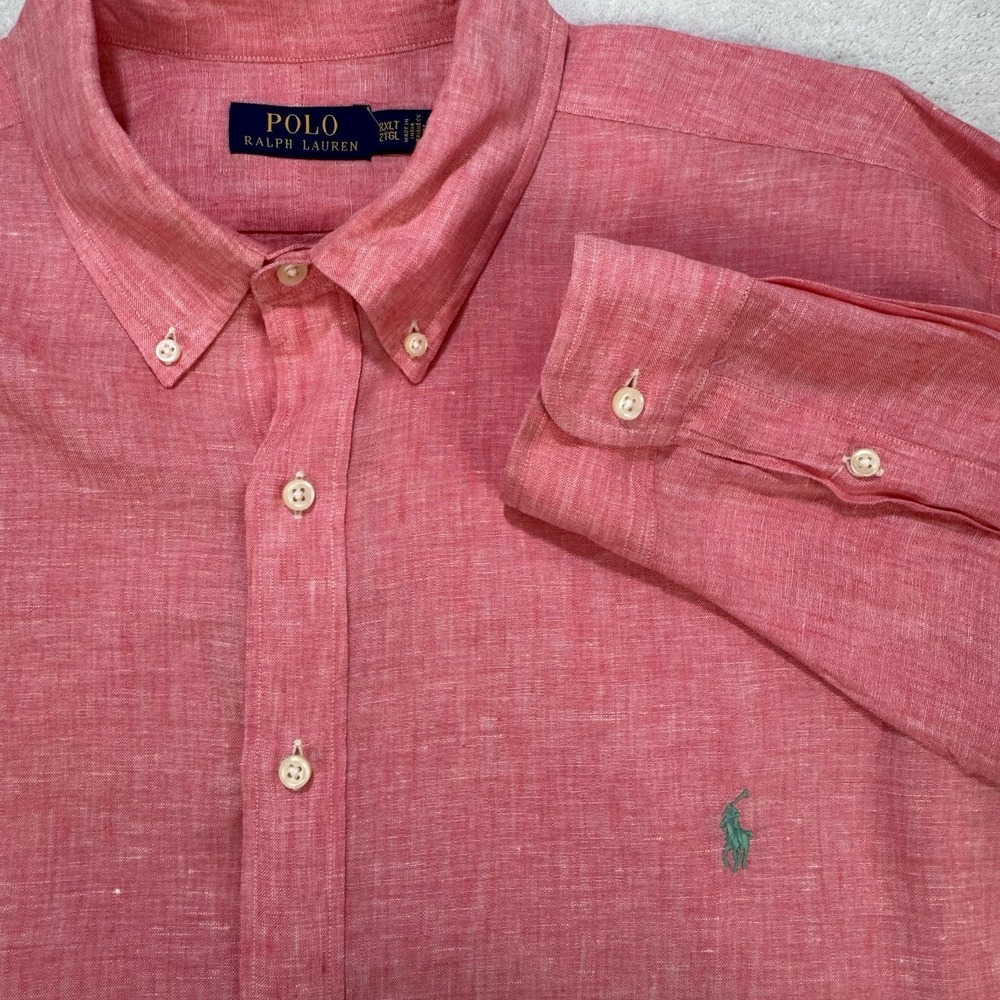 Polo Ralph Lauren Shirt Men 2XL Tall Pink/Red Linen Button Down LS Coastal
